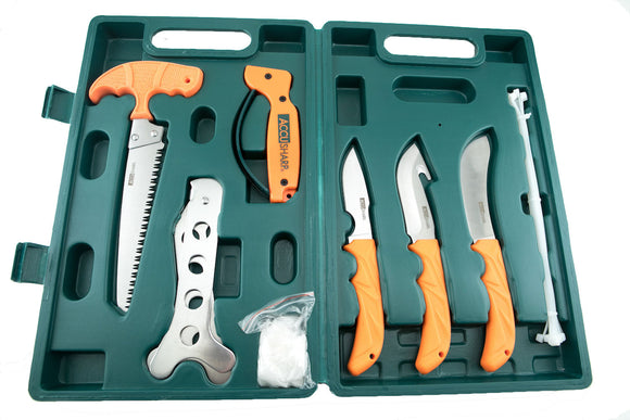Accusharp 728C Game Processing Kit  Butcher/Caper/Gut-Hook/Bone Saw/Ribcage Spreader Stainless Steel FRN Orange Handle