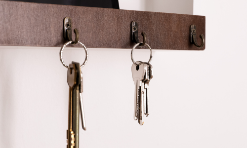 Keys hanging on a wall rack