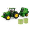 Tomy John Deere 1:32 Scale 7270R Tractor with 560R Baler and Round Bale - 3 Piece Farm Toy Set