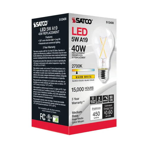 Satco S12408 5A19/CL/LED/E26/927/120V