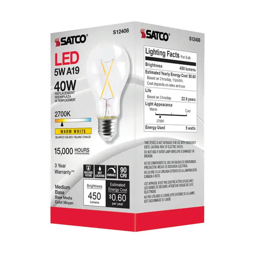 Satco S12408 5A19/CL/LED/E26/927/120V