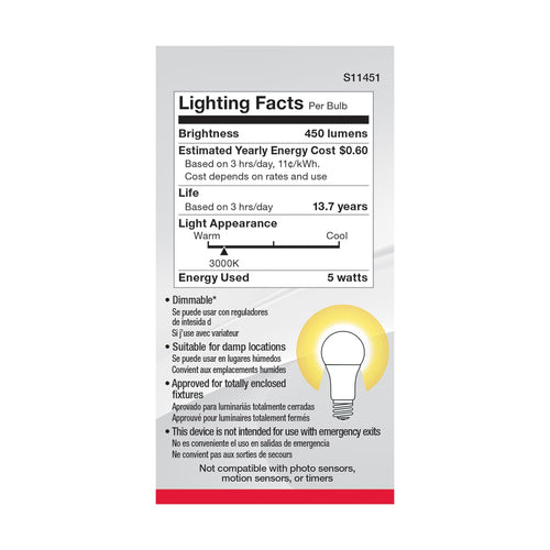 Satco S11451 5A19/LED/830/120V/D/4PK