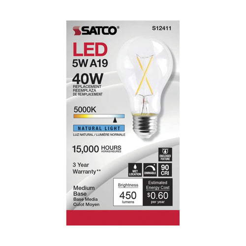 Satco S12411 5A19/CL/LED/E26/950/120V